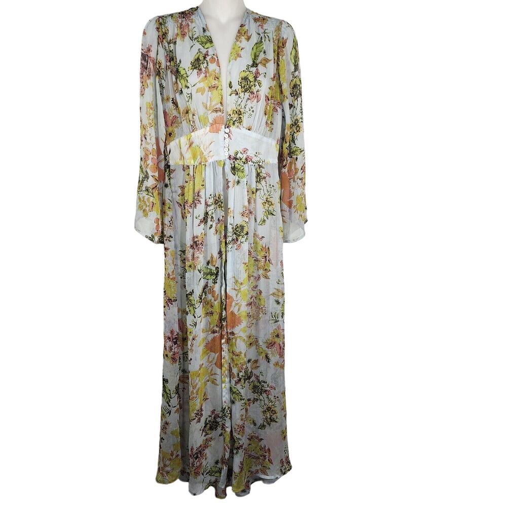 Plush Boutique Cover up Dress Small Floral Front Button Closure Open Front Sheer